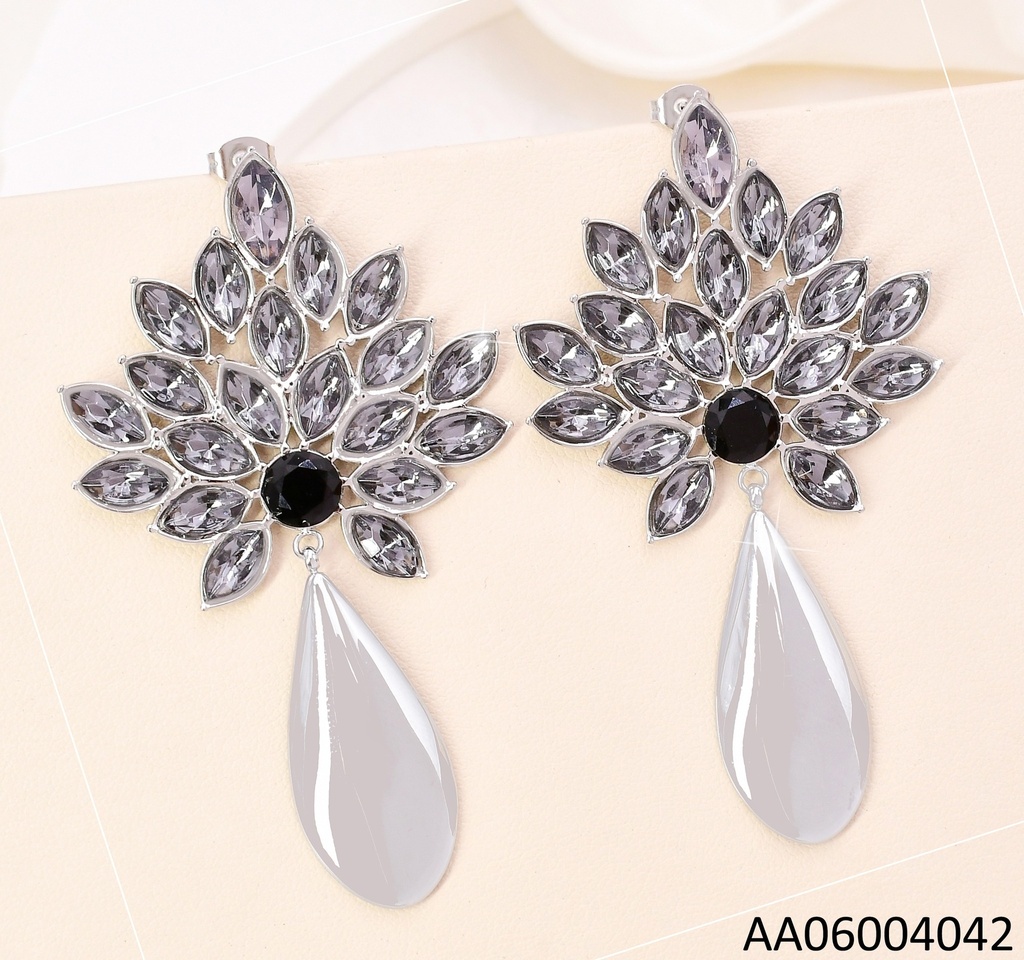 ARETES RACIMO HOJITAS ZIRC. GRIS C/GOTA PLAT 6E2007072-434/2007072-434