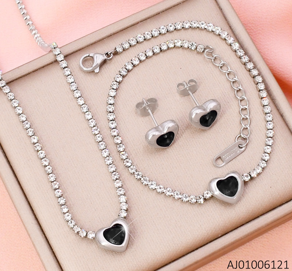 SET PLAT.CORAZON NEGRO C/PULSERA ZIRC. 17313-436