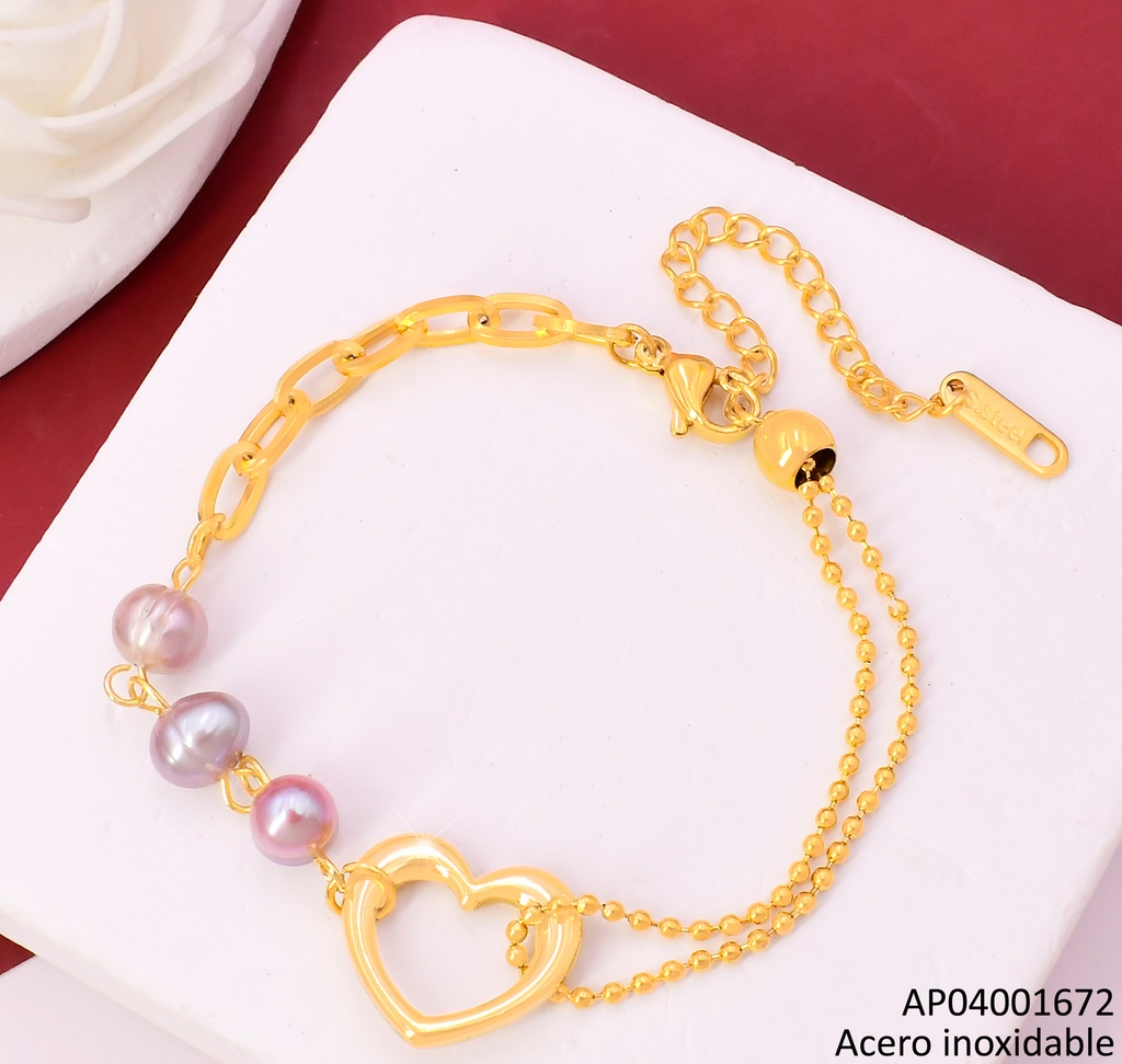PULSERA DOR ESLABONES OV./PERLAS/PELOTITAS/CORAZON BA2302-45