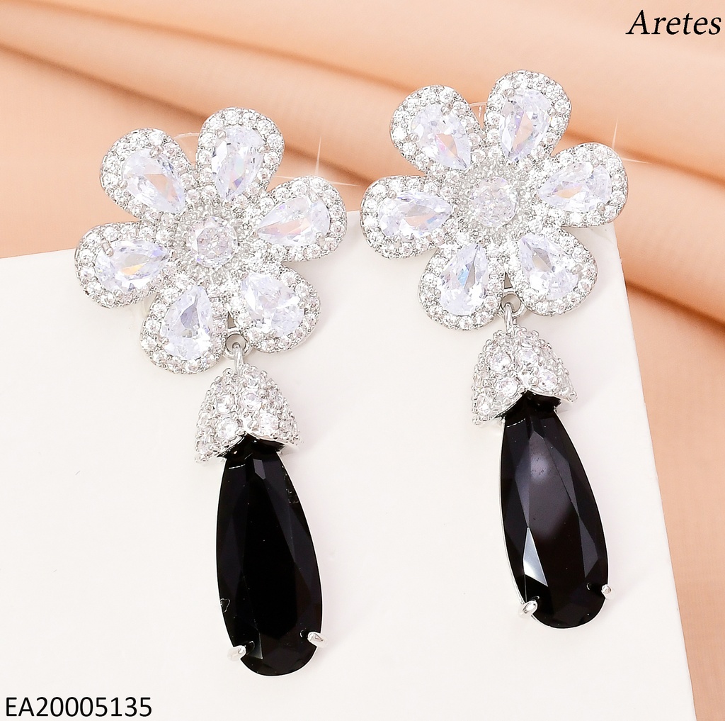 ARETES PLAT FLOR CRISTAL/ GOTA NEGRA EE4507-6