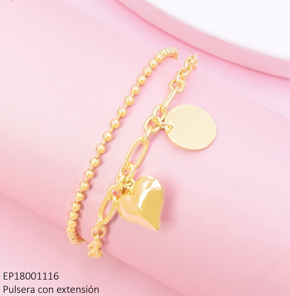 PULSERA DORADA DOBLE ESLAB/PELOTITA/DIJE CORAZON /RD BE590-9