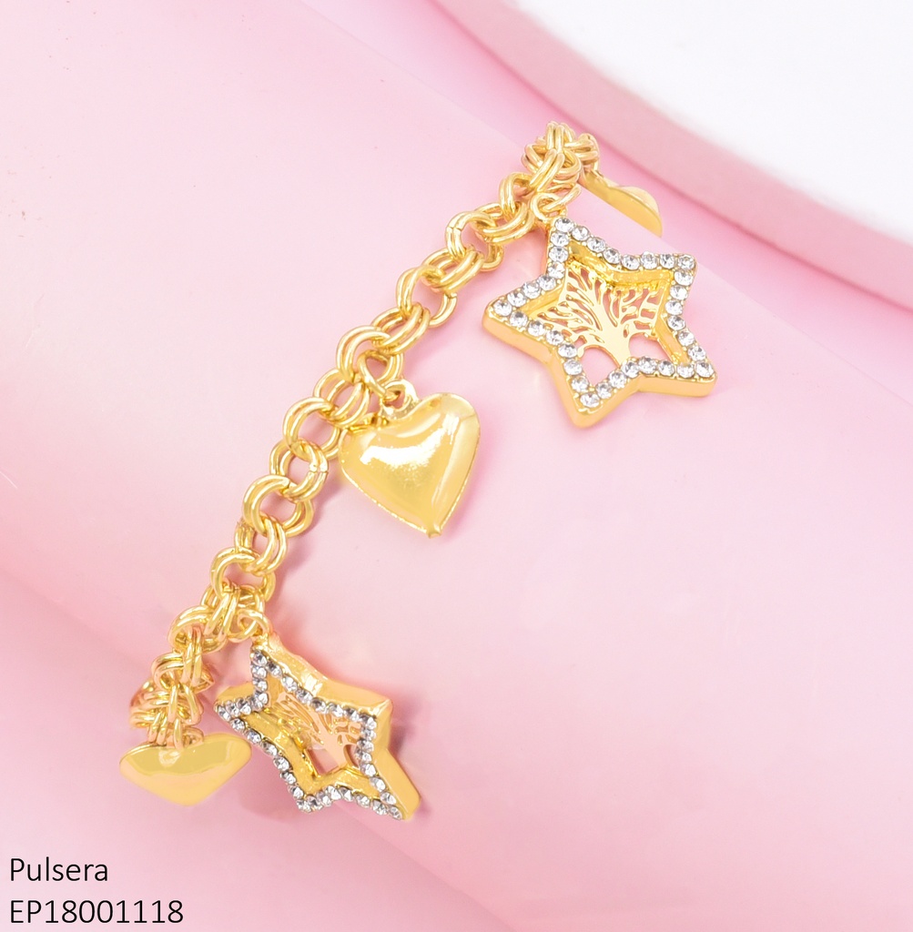 PULSERA DORADA CORAZON INLFLADO/ESTRELLAS ZIRC. BE594-9