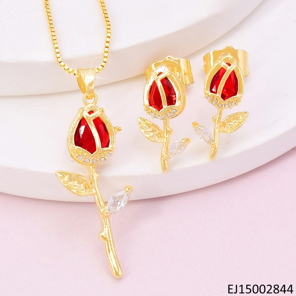 SET DORADO TULIPAN ROJO / HOJA ZIRC. CRISTAL  SE1143-104 (TLP)