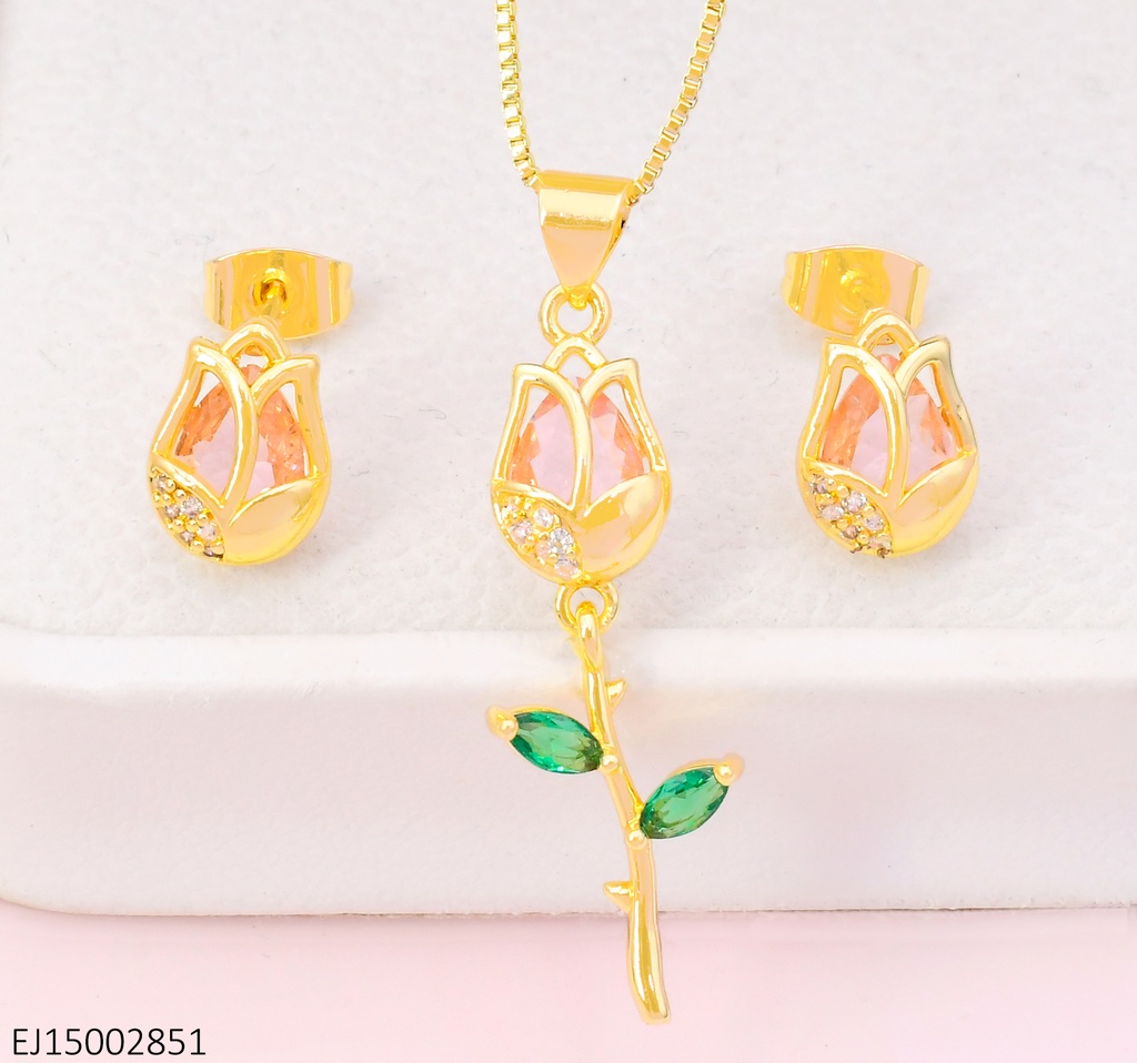SET TULIPANES ZIRC.ROSADAS,DIJE C/HOJITAS SE1132-9 (TLP)