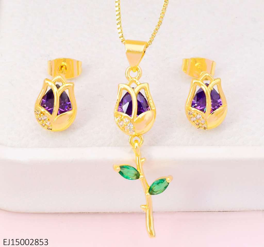SET TULIPANES ZIRC.MORADAS,DIJE C/HOJITAS SE1134-9 (TLP)