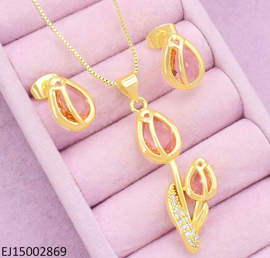 SET DORADO TULIPAN ZIRC ROSA / DIJE DOBLE TULIPAN SE1160-9 (TLP)