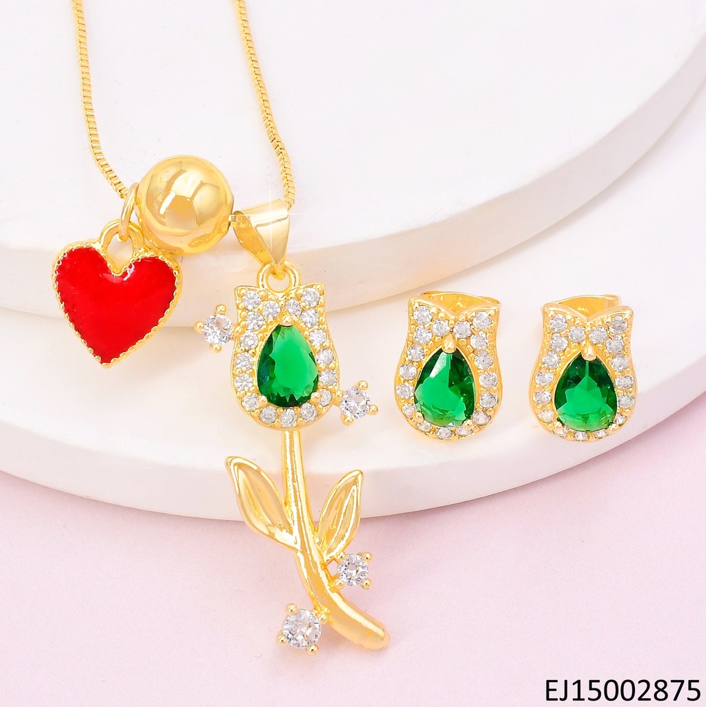 SET DORADO TULIPAN/ ZIRC. VERDE / CORAZON/PELOTITA  SE1174-9 (TLP)