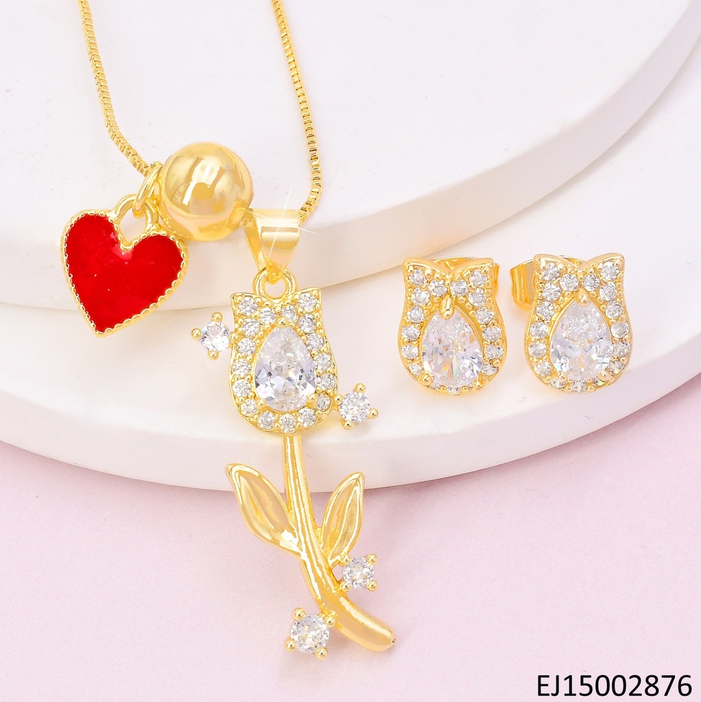 SET DORADO TULIPAN/ ZIRC. CRISTAL / CORAZON/PELOTITA  SE1175-9 (TLP)