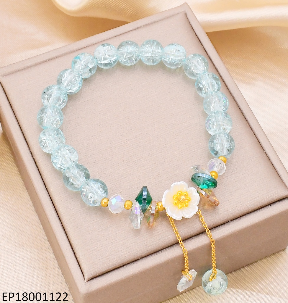 PULSERA PELOTAS CELESTES C/DIJE FLOR BLANCA BA2158-5
