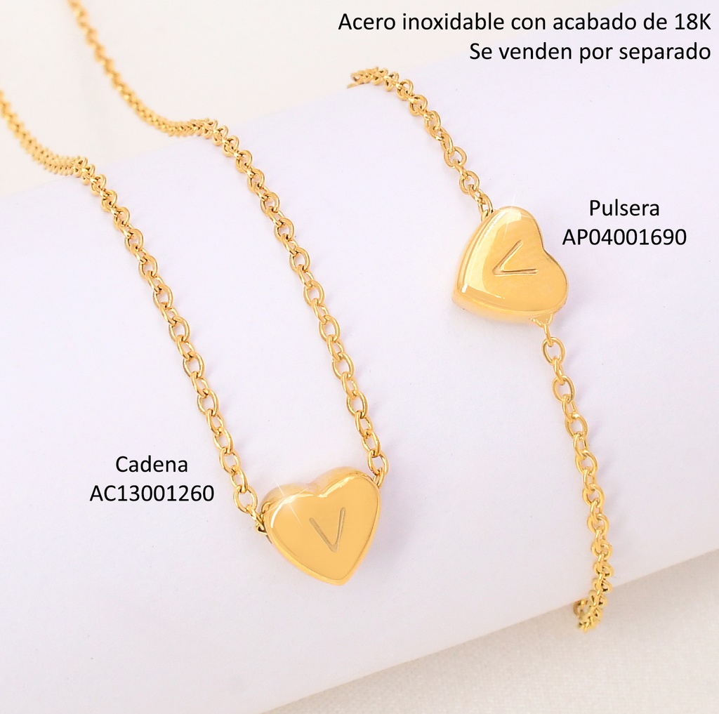 CADENA CORAZON INICIAL "V" ACERO INOX. ACABADO 18K.P25070028022