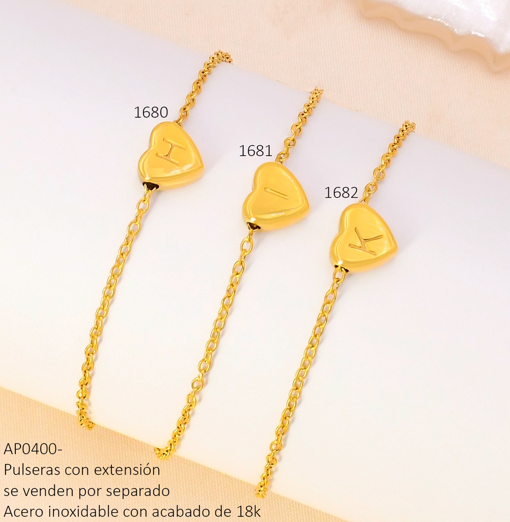 PULSERA DIJE CORAZON INICIAL "H" ACERO INOX.ACABADO 18K. P25070005009