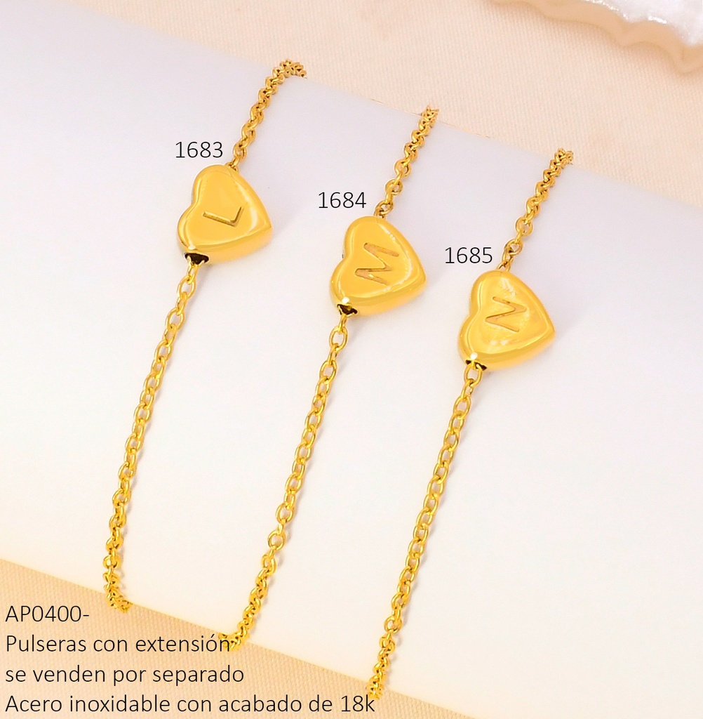 PULSERA DIJE CORAZON INICIAL "L" ACERO INOX.ACABADO 18K.P25070005013
