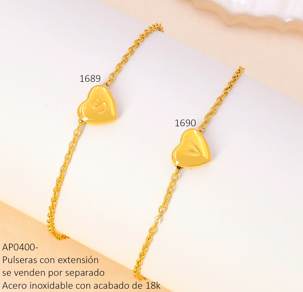 PULSERA DIJE CORAZON INICIAL "V" ACERO INOX.ACABADO 18K.P25070005023
