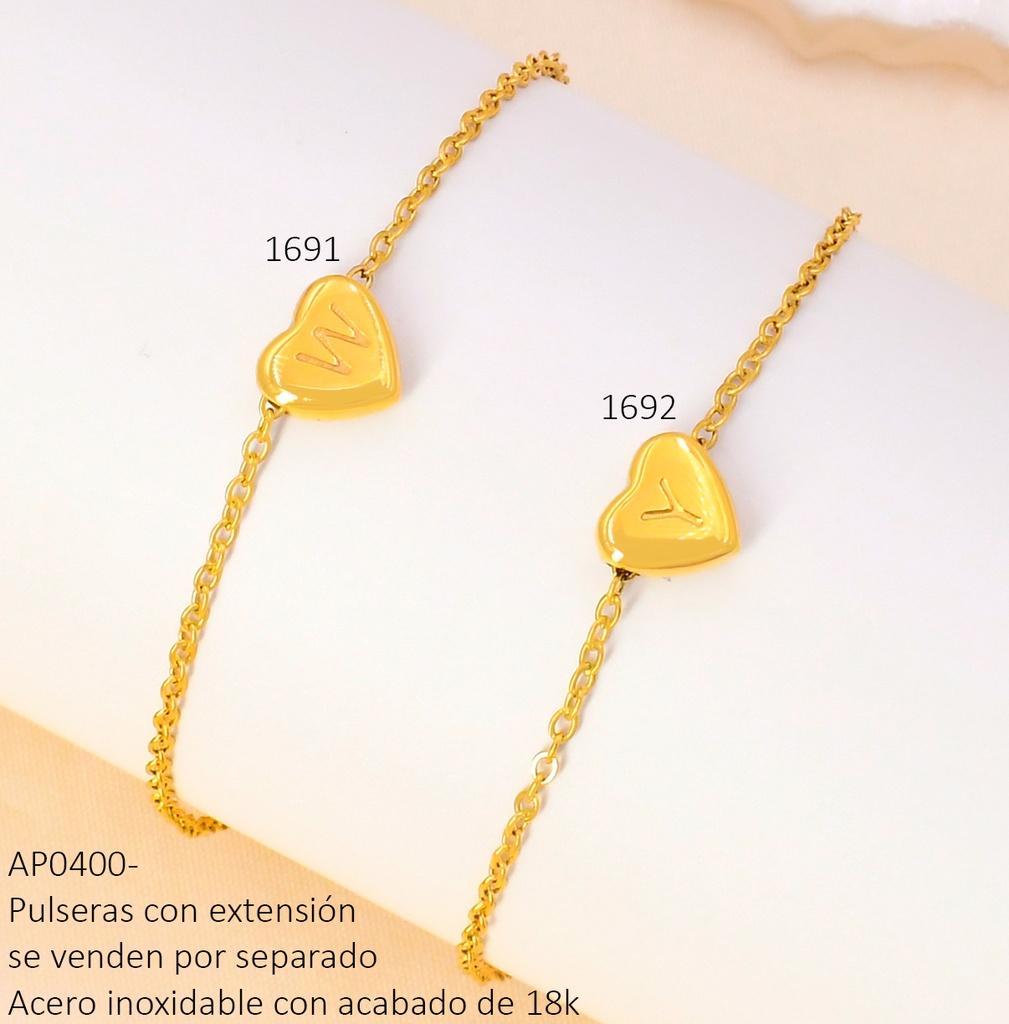 PULSERA DIJE CORAZON INICIAL "W" ACERO INOX.ACABADO 18K. P25070005024