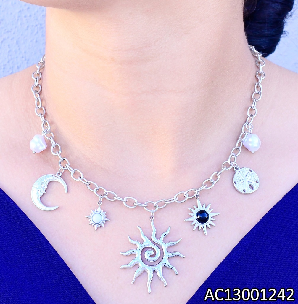 CADENA PLAT DIJES LUNA/SOL/ESTRELLAS/PERLA CA478-4