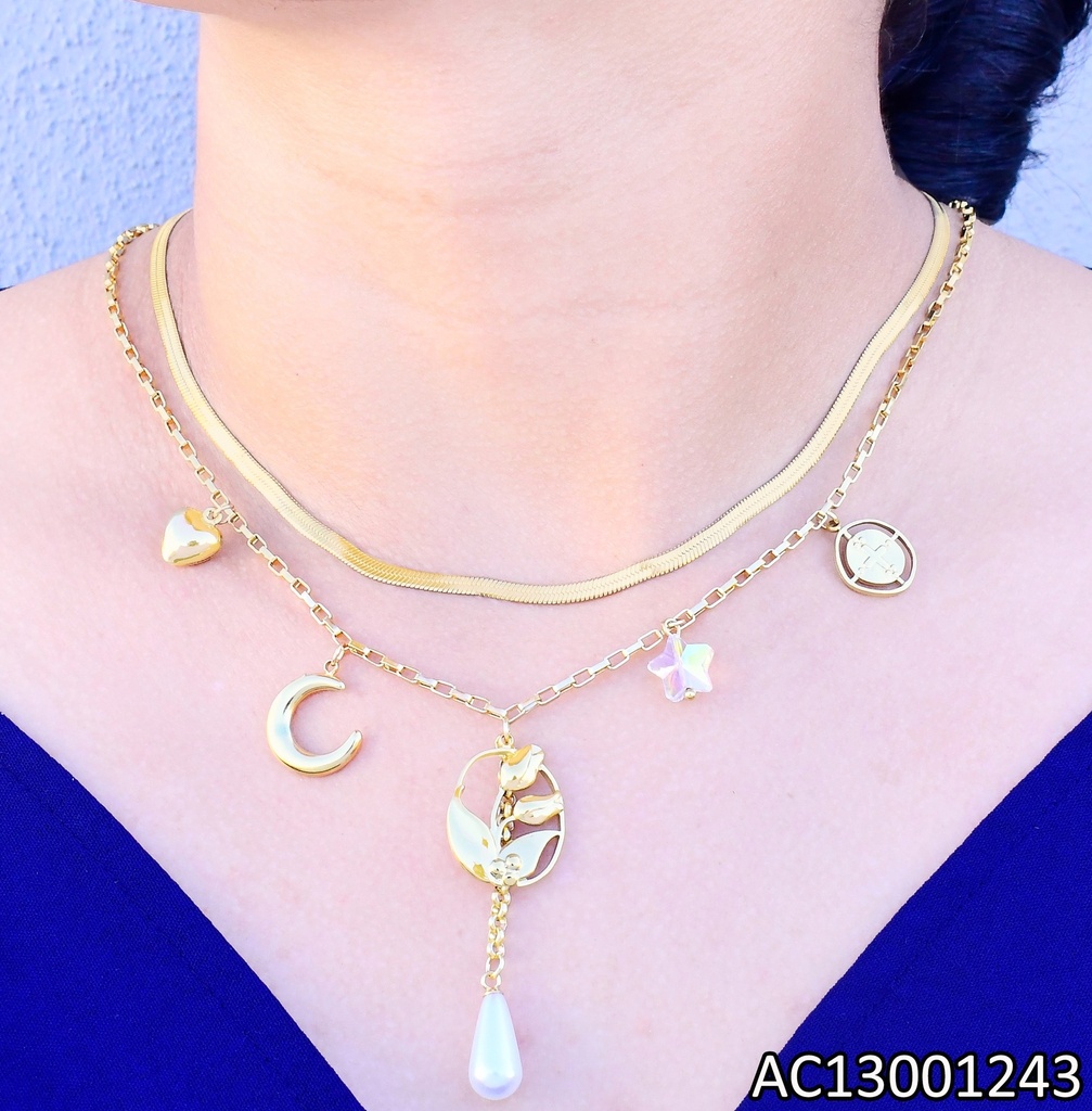 CADENA DOR DOBLE DIJES CORAZON/CRUZ /TULIPAN/LUNA /PERLA/ESTRE. CA479-45