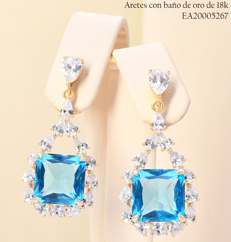 ARETES BAÑO DE ORO 18K OV ZIRC.C/RECTANG.CELESTE