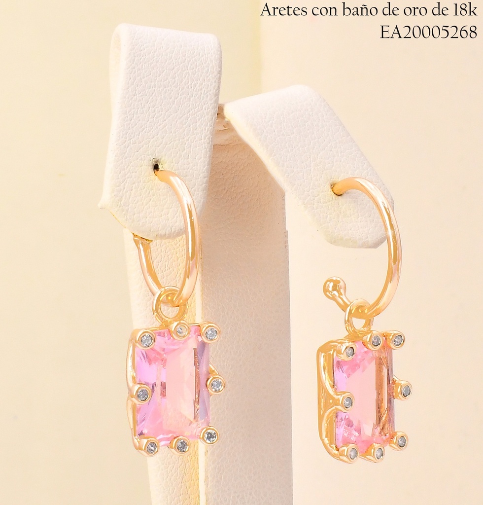 ARETES BAÑO DE ORO 18K "C" RECTANGULO ROSADO VERT.