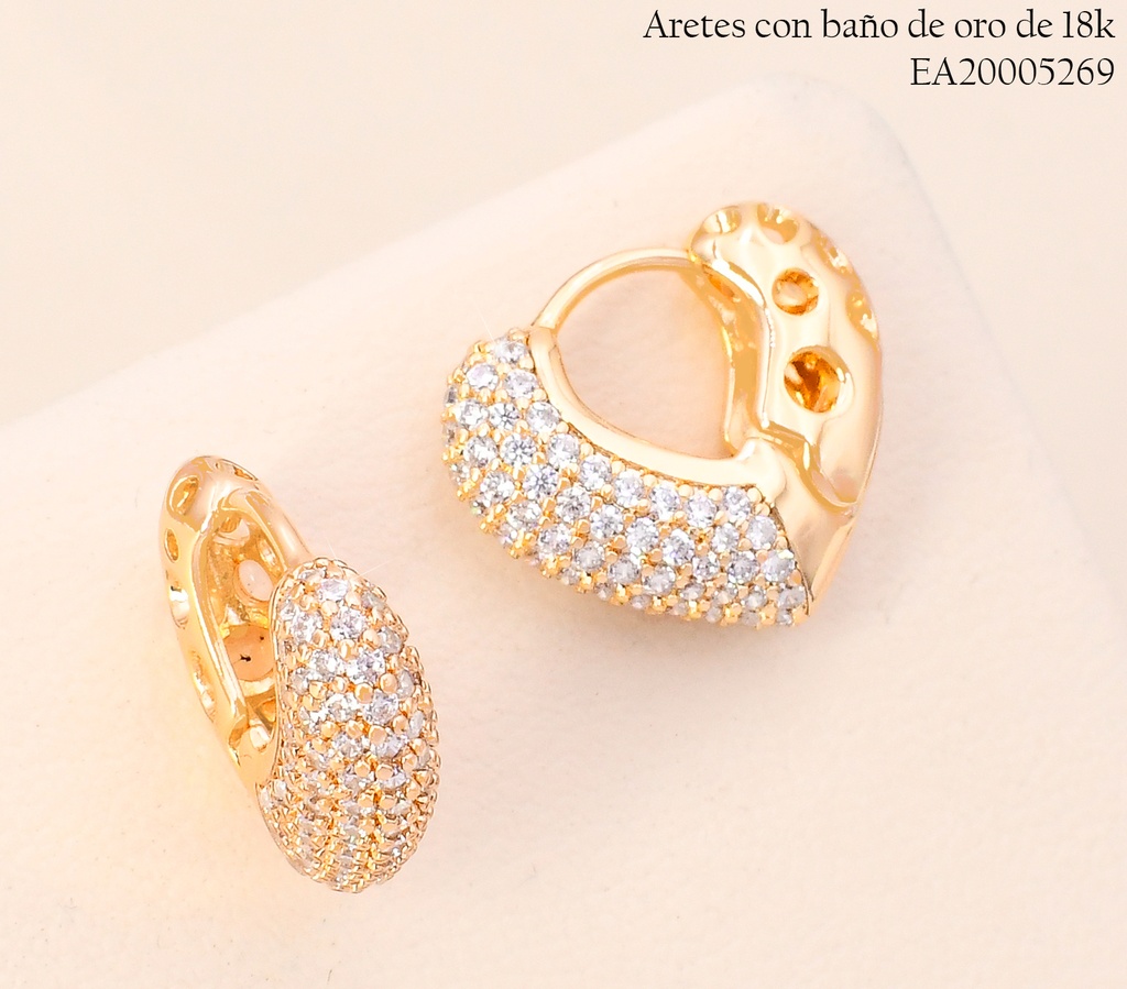 ARETES BAÑO DE ORO 18K CROQUI CORAZON ZIRC./LISO