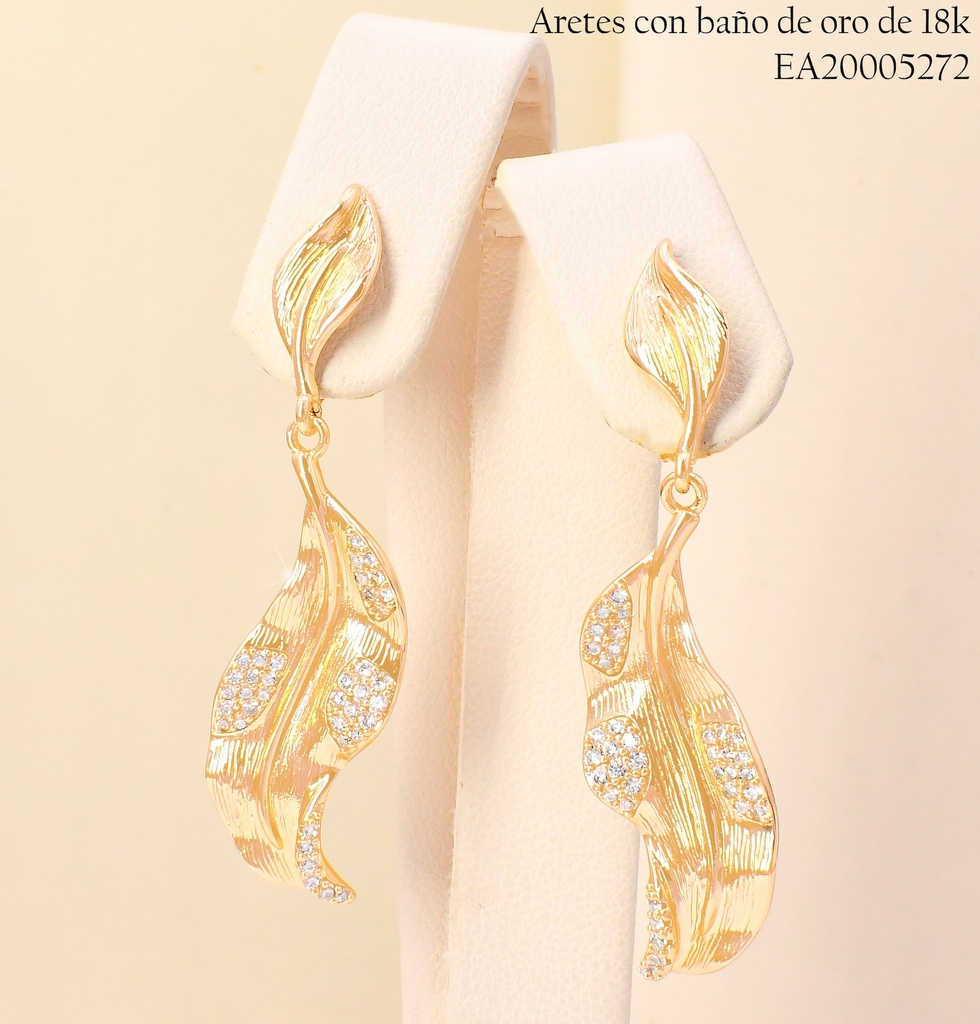ARETES BAÑO DE ORO 18K HOJA 2 HOJAS VERT.C/ZIRC