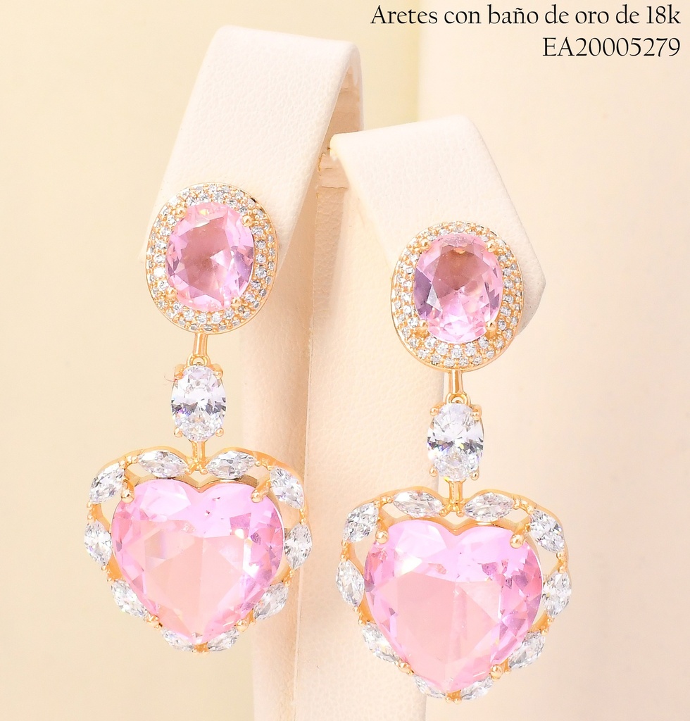 ARETES BAÑO DE ORO 18K ZIRCONIA ROSADA RD/CORAZON