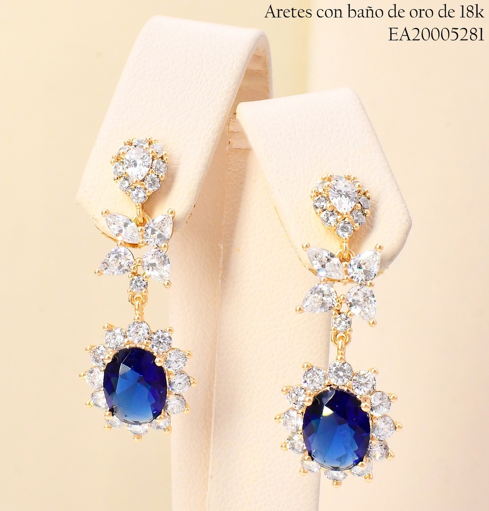 ARETES BAÑO DE ORO 18K GOTA ZIRC/OV AZUL