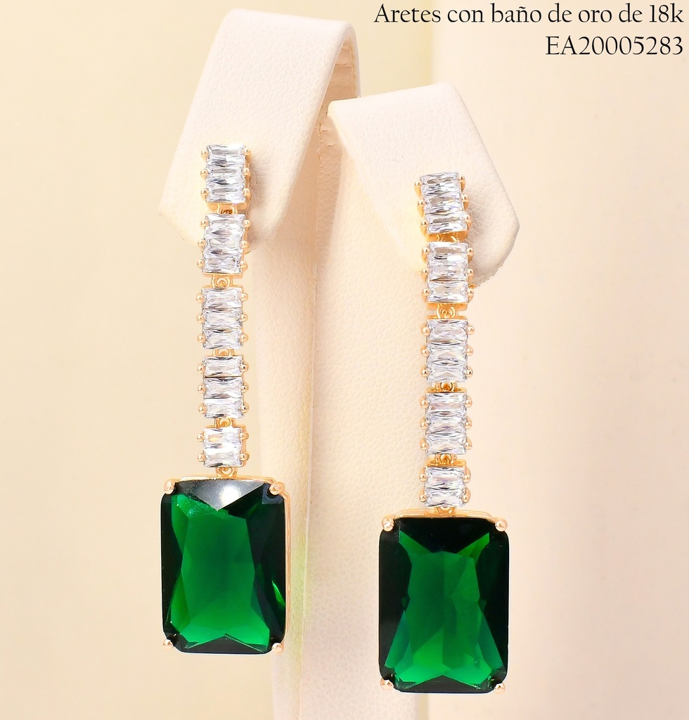 ARETES BAÑO DE ORO 18K LINEA ZIRC.RECT.C/RECT.VERDE