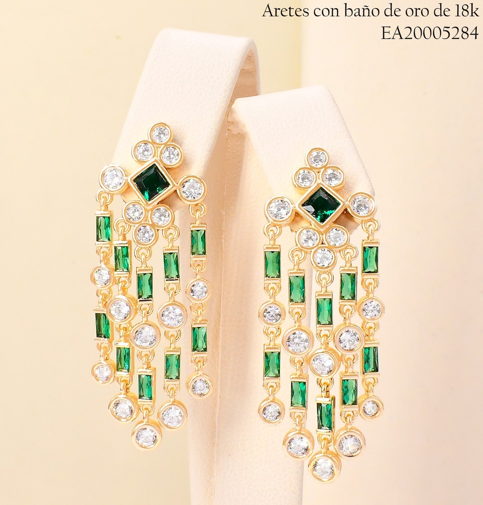 ARETES BAÑO DE ORO 18K ROMBO ZIRC./CENTRO VERDE
