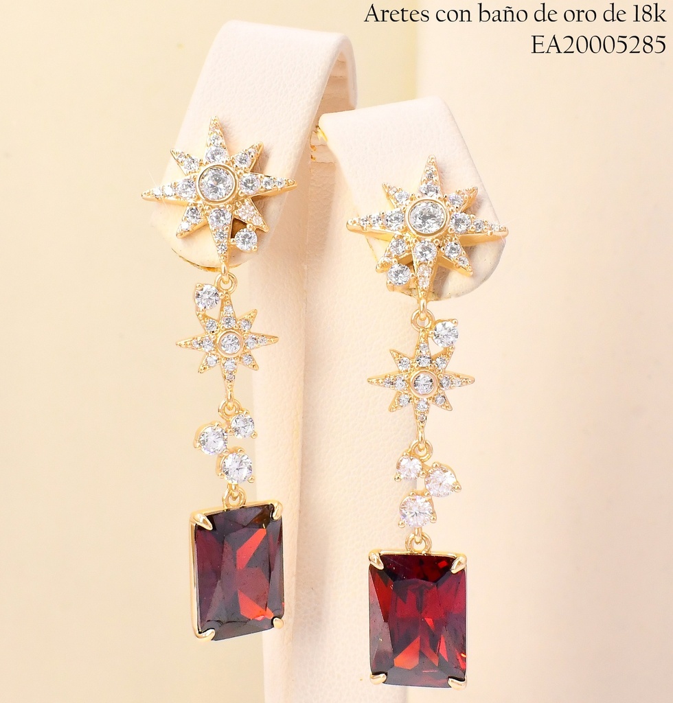 ARETES BAÑO DE ORO 18K ESTRELLA ZIRC.C/RECT.ROJO