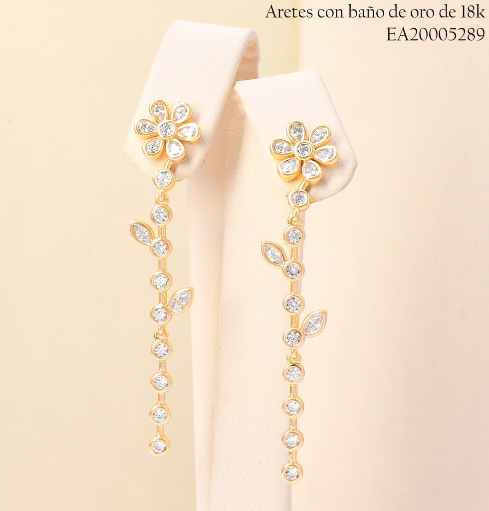 ARETES BAÑO DE ORO 18K FLOR ZIRC.C/LINEA COLGANTE SURT