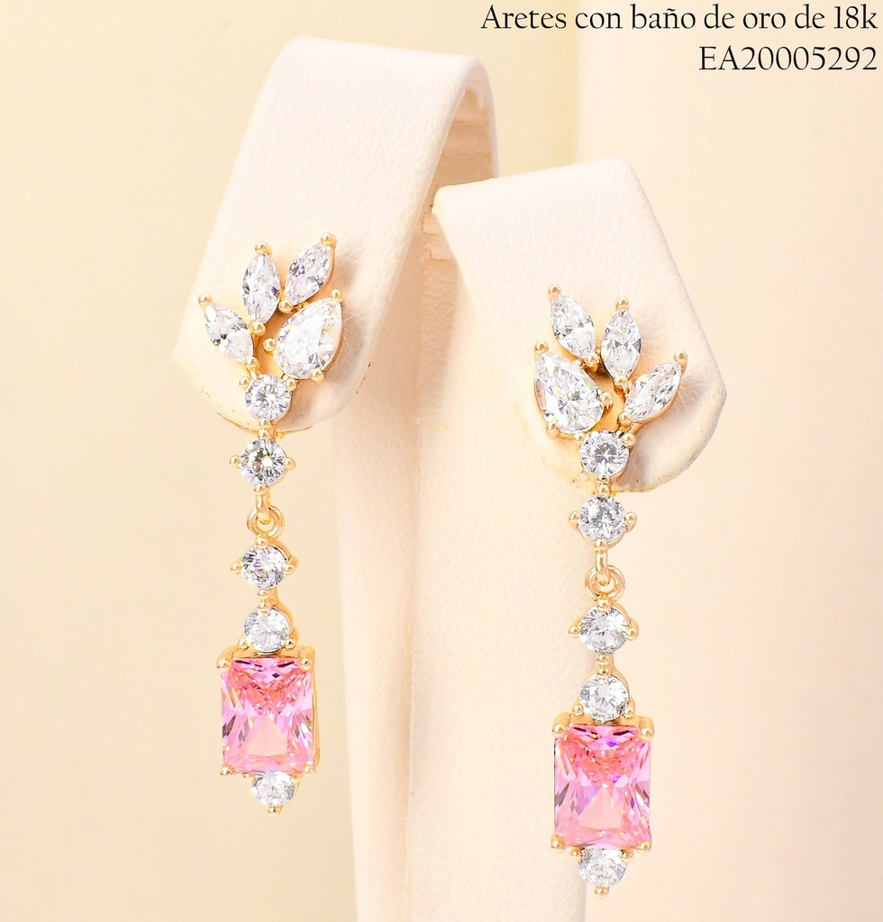 ARETES BAÑO DE ORO 18K RAMITAS ZIRC./RECTANG.VERT ROSA