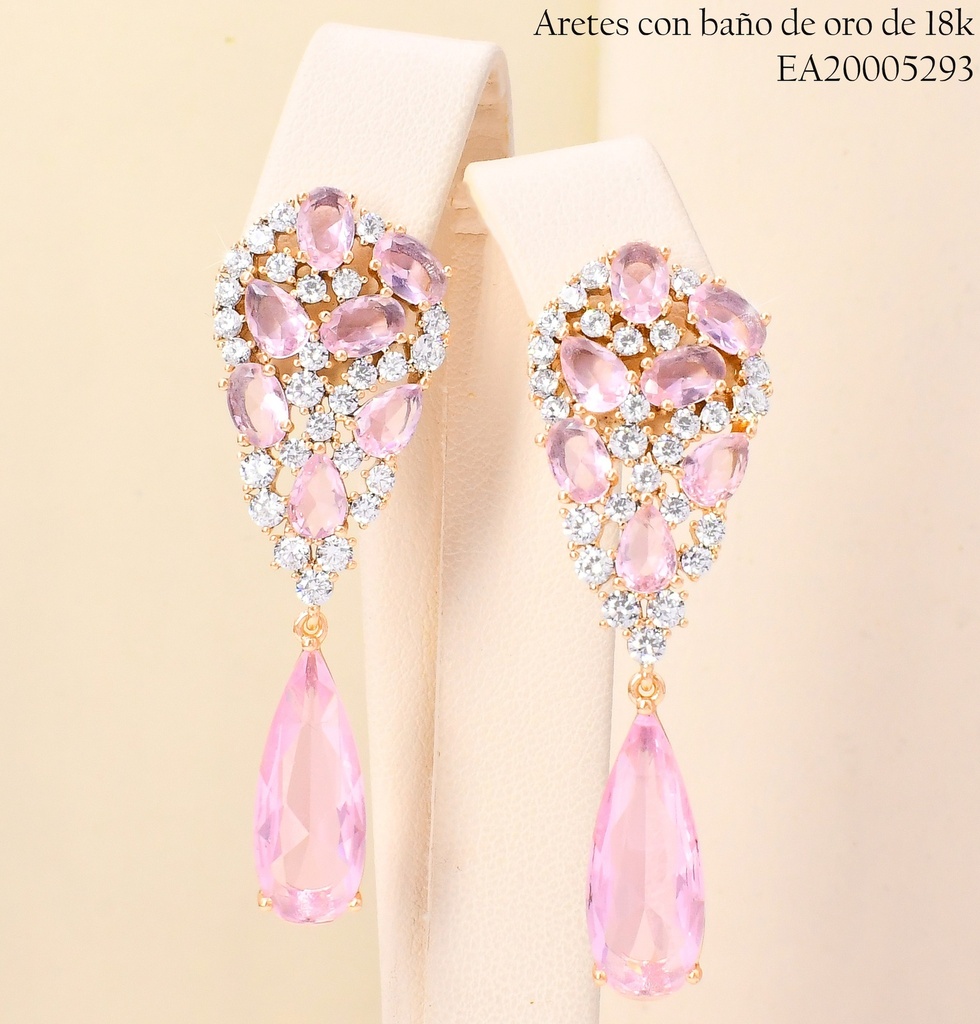 ARETES BAÑO DE ORO 18K FLOR ZIRC.ROSA C/COLGANTES