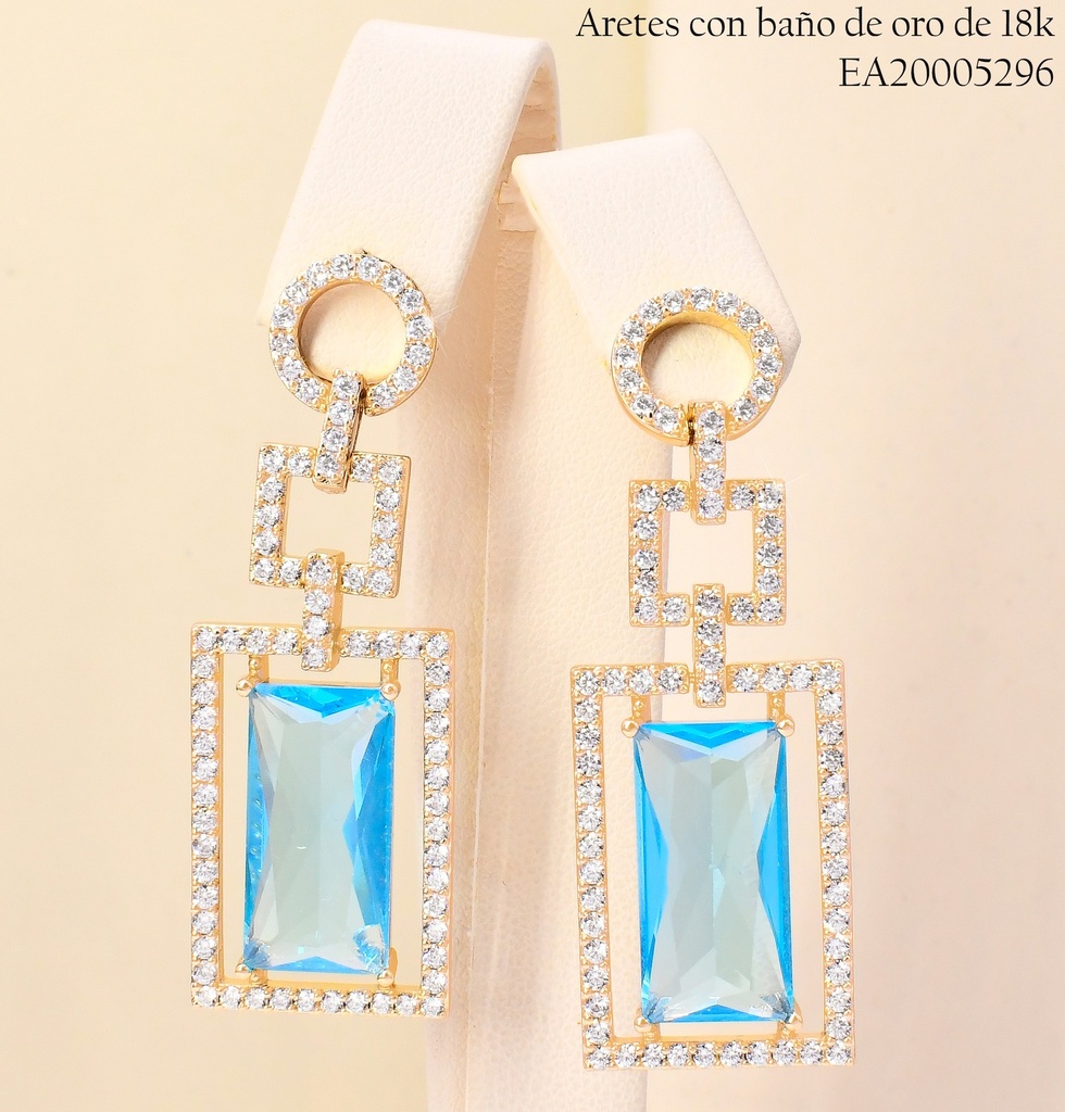 ARETES BAÑO DE ORO 18K CIRCULO ZIRC.C/RECT.CELESTE