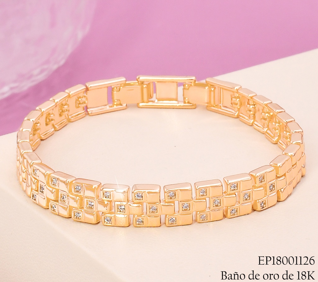 PULSERA BAÑO DE ORO 18K CUADROS LISOS/ZIRCONIAS