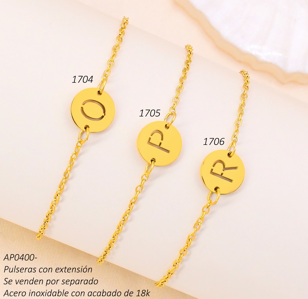PULSERA ACERO INOX. ACABADO 18K DORADA DIJE RD LETRA "O" P25061367016