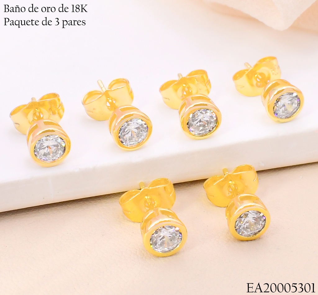 PAQ.3 PARES ARETES BAÑO DE ORO 18K. ZIRC. RD SURT.5N N6187 (X)
