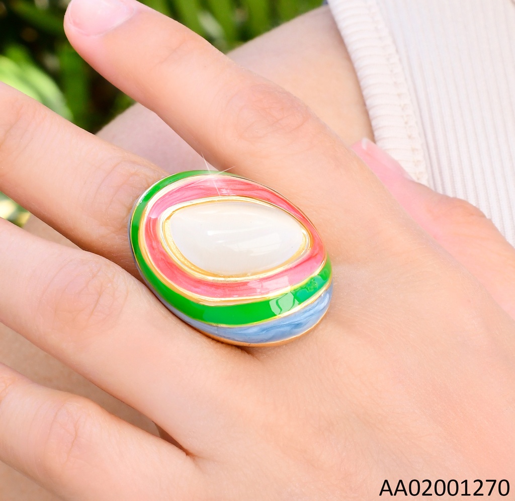 ANILLO DOR OVALO PIEDRA CREMA /LINEAS ROSA/VERDE/CELESTE ALREDEDOR RA585-305