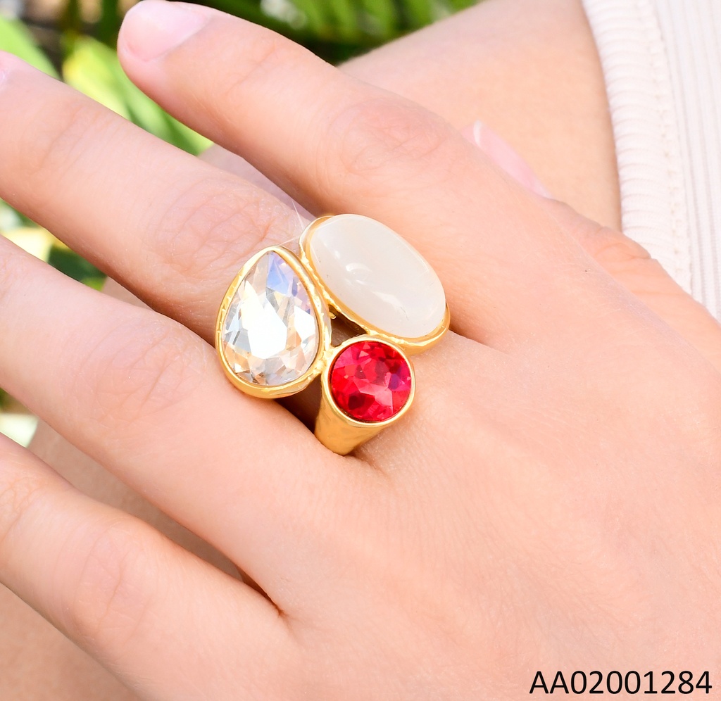 ANILLO DORADO PIEDRA OV. CREMA / ZIRC ROJA & CRISTAL RA617-305