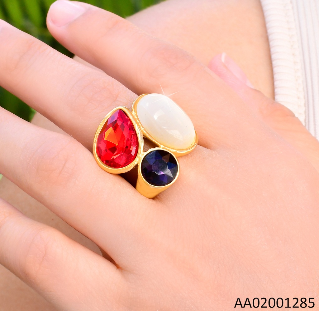 ANILLO DORADO PIEDRA OV. CREMA / ZIRC ROJA & NEGRA RA618-305