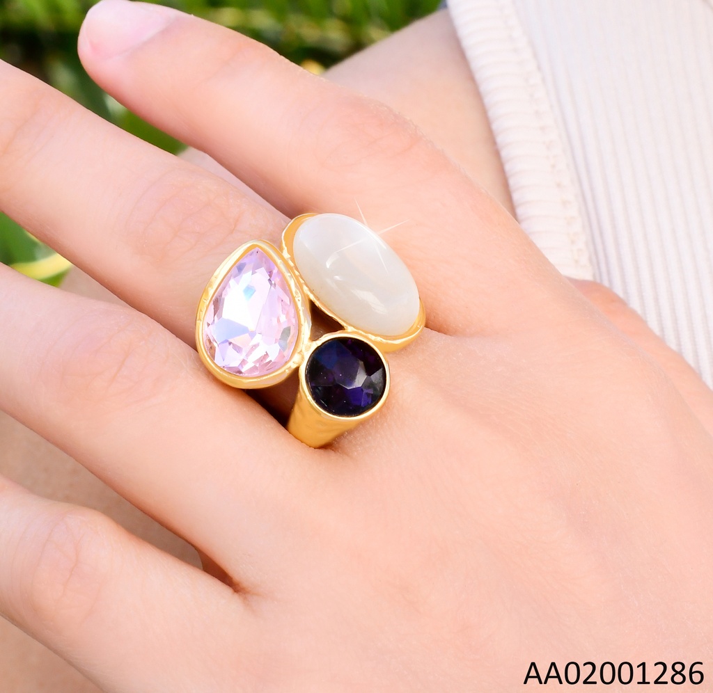 ANILLO DORADO PIEDRA OV. CREMA / ZIRC ROSA & NEGRA RA619-305