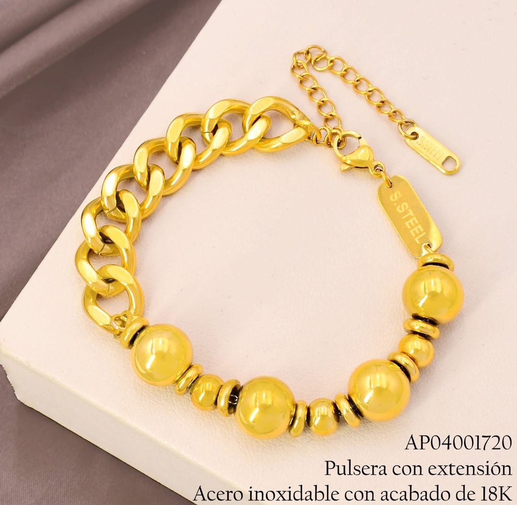 PULSERA ACERO INOX. ACABADO 18K PELOT. GR & PQ /RUEDAS/ESLAB. P25061421001