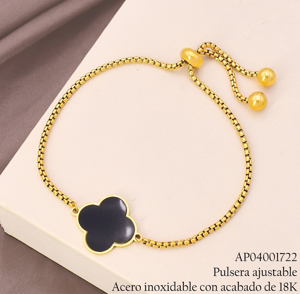 PULSERA ACERO INOX. ACABADO 18K. VENECIANA AJUSTABLE DIJE VAN CLEEF NEGRO P25070073002
