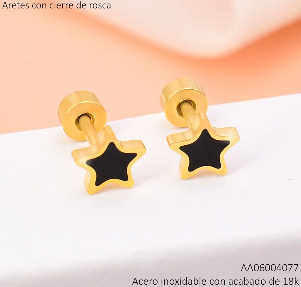ARETES ACERO INOX. ACABADO 18K. ESTRELLA NEGRA CIERRE ROSCA P25070209002