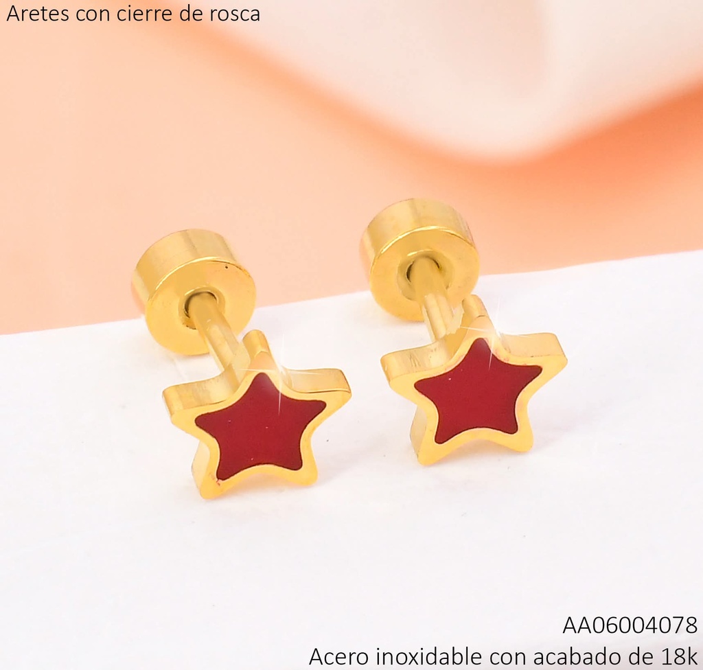 ARETES ACERO INOX. ACABADO 18K. ESTRELLA ROJA CIERRE ROSCA P25070209001