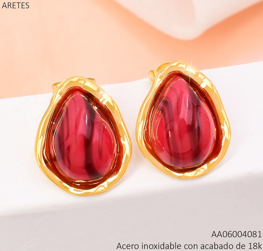 ARETES ACERO INOX. ACABADO 18K. GOTA ROJA IRREG. P25070027002