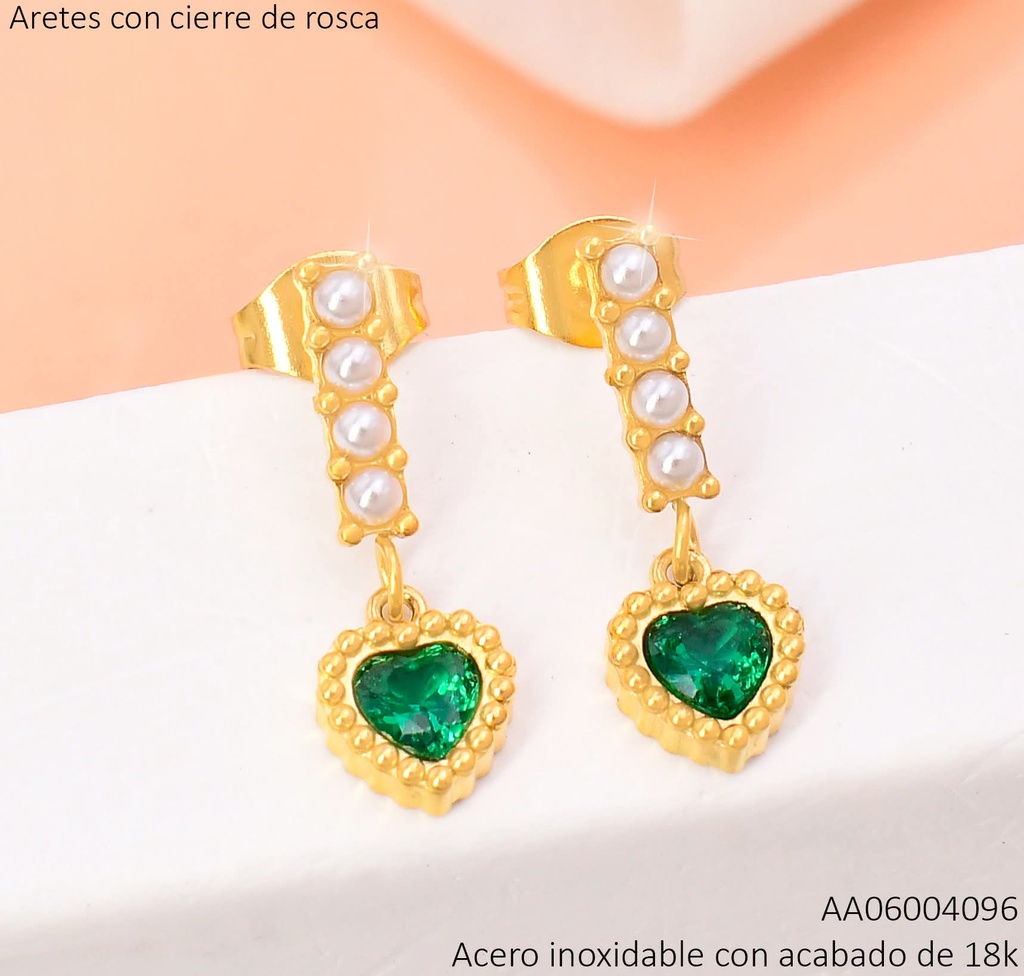 ARETES ACERO INOX. ACABADO 18K. LINEA 4 PERLAS / CORAZON VERDE P25070202002