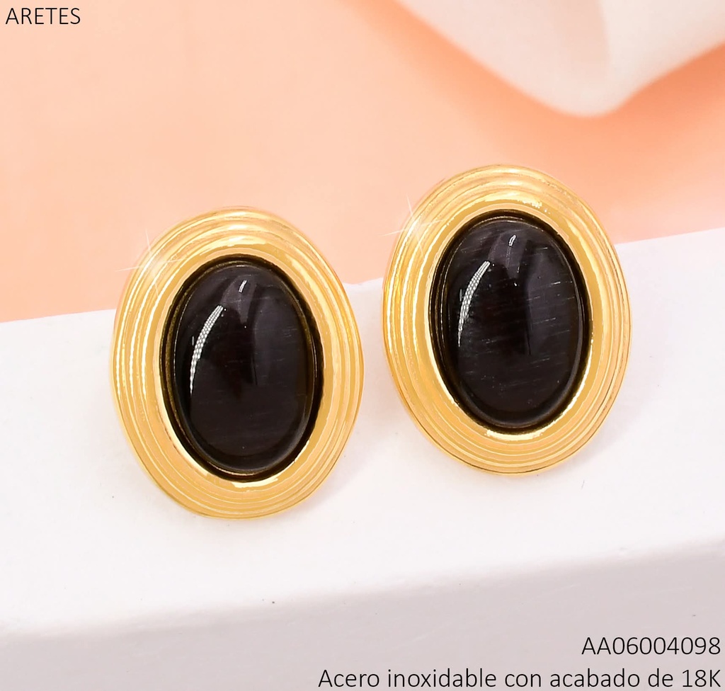 ARETES ACERO INOX. ACABADO 18K. OVALO NEGRO P25070194002