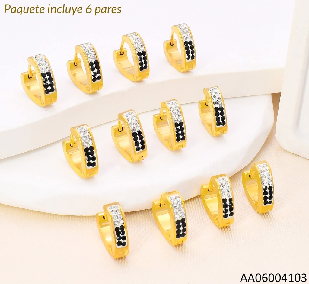 PAQ.6  PARES ARETES HUGGIES CORAZON ZIRC. CRISTALES & NEGRAS 003-F646-100