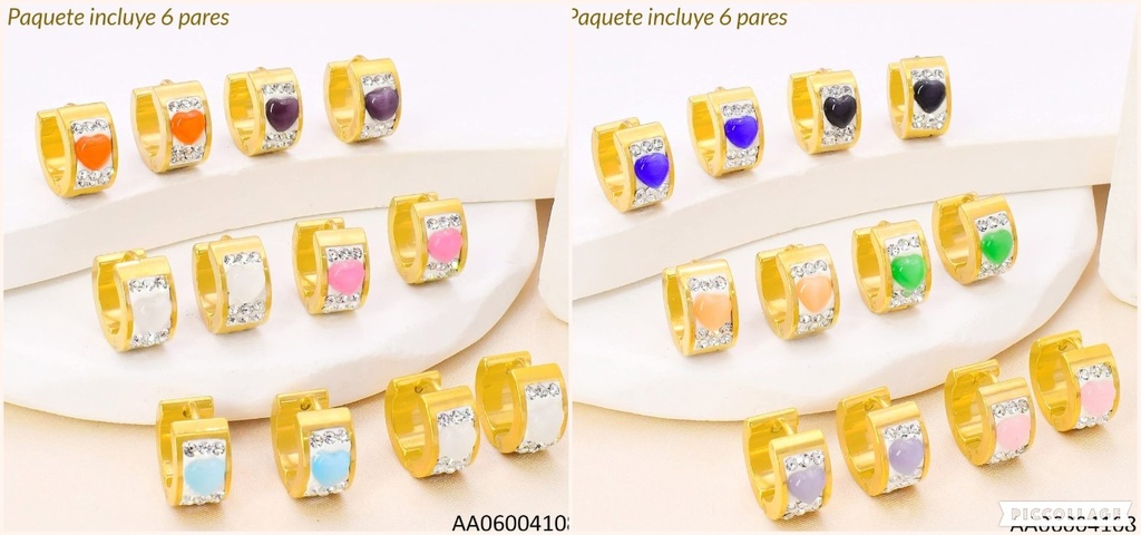 PAQ. 6 PARES ARETES HUGGIES PIEDRAS CORAZON COL SURT. 0015001142501