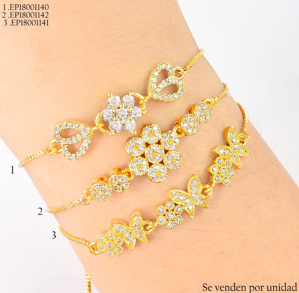 PULSERA DOR AJUSTABLE DIJE FLOR /CORAZON A LOS LADOS Z461-470